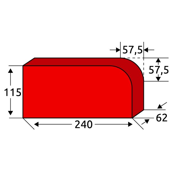 Kanalklinker RF - Form D - 240×115×62mmm,  einseitig abgerundet, Vollstein, Rot