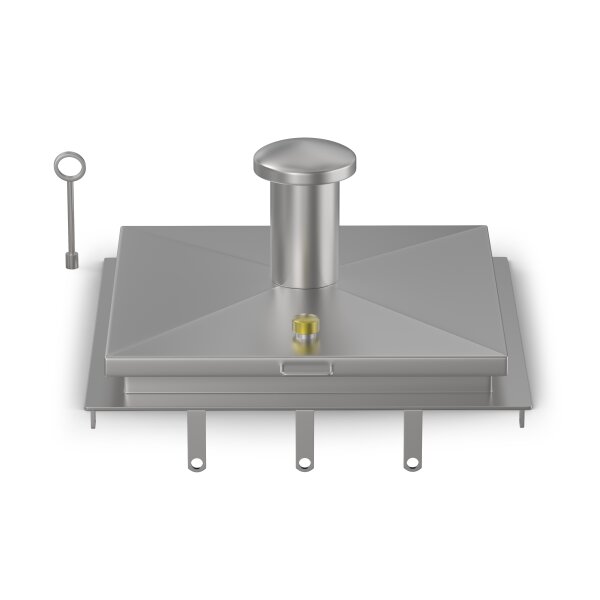 Schachtabdeckung mittig überhöht LW: 600x600mm mit Dunsthut aus 4mm Blech zum Andübeln in Edelstahl V2A (1.4307) inkl. Vorbereitung für Sicherheitssteckschloss