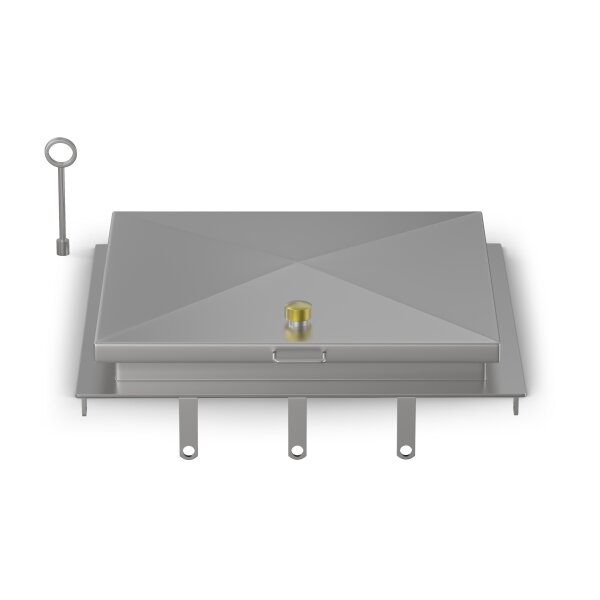 Schachtabdeckung mittig überhöht LW: 1000x1000mm mit Isolierung aus 4mm Blech zum Andübeln in Edelstahl V2A (1.4307) inkl. Vorbereitung für Sicherheitssteckschloss
