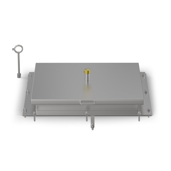 Schachtabdeckung mittig überhöht LW: 600x600mm überflutungssicher bis 1 mWS, mit Isolierung, aus 4mm Blech, zum Andübeln in Edelstahl V2A (1.4307) inkl. Sicherheitssteckschloss und Befestigungs- und Dichtungssatz