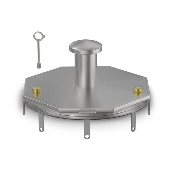 Schachtabdeckung mittig überhöht LØ: 600mm mit Dunsthut aus 4mm Blech zum Andübeln in Edelstahl V4A (1.4404) inkl. Vorbereitung für Sicherheitssteckschloss Befestigungs- und Dichtungssatz