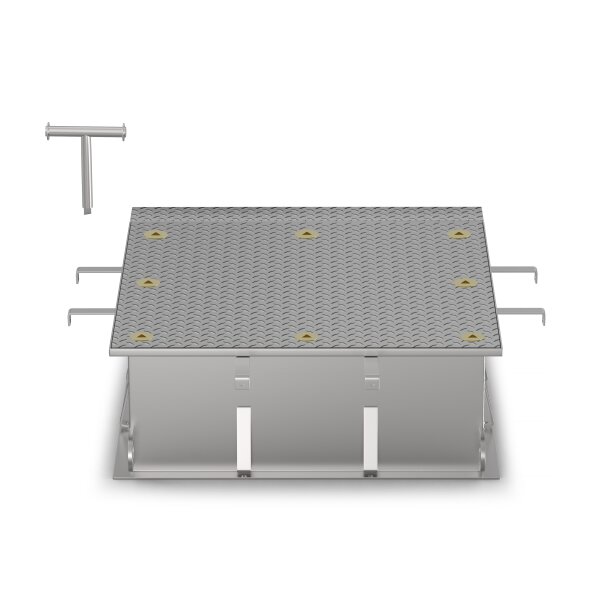 Schachtabdeckung rückstausicher bis 5 mWS LW: 800x800mm Belastungsklasse D400 kN (nicht für den fließenden Verkehr geeignet) H=250mm aus Edelstahl V2A (1.4307)