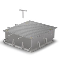 Schachtabdeckung überflutungssicher bis 5 mWS LW: 800x800mm Belastungsklasse D400 kN (nicht für den fließenden Verkehr geeignet) H=250mm aus Edelstahl V2A (1.4307)