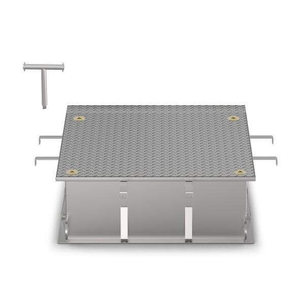 Schachtabdeckung überflutungssicher bis 5 mWS LW: 1000x1000mm Belastungsklasse D400 kN (nicht für den fließenden Verkehr geeignet) H=250mm aus Edelstahl V4A (1.4404)