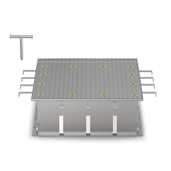 Schachtabdeckung rückstau- und überflutungssicher bis 5 mWS LW: 1000x1000mm Belastungsklasse D400 kN (nicht für den fließenden Verkehr geeignet) H=250mm aus Edelstahl V4A (1.4404)
